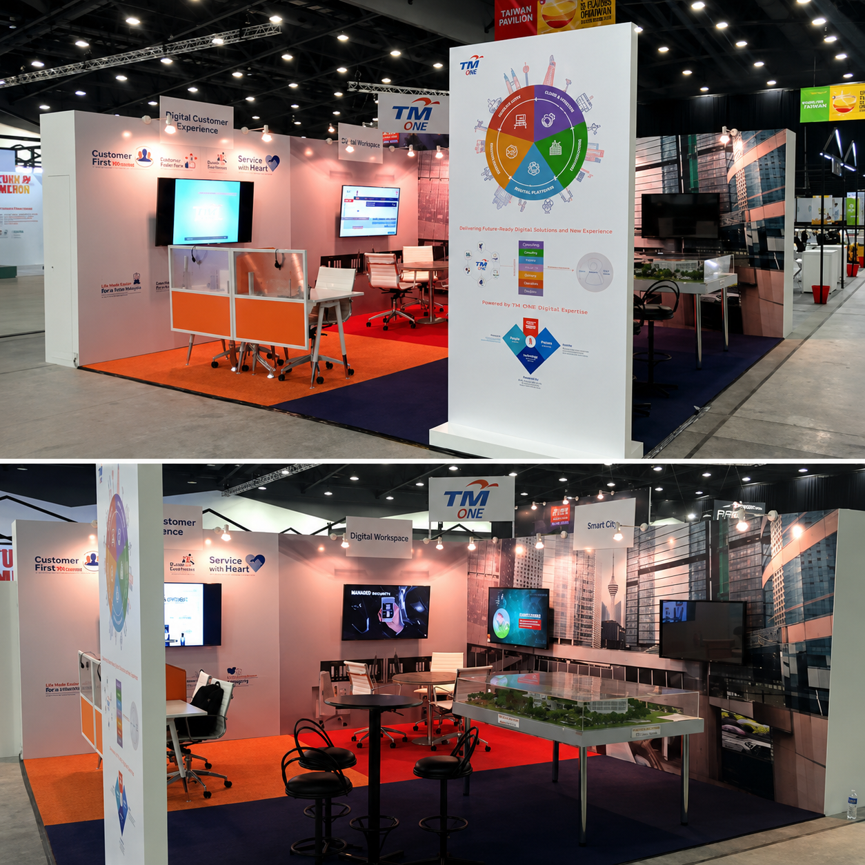 TM One exhibition booth with digital solutions display at a trade show