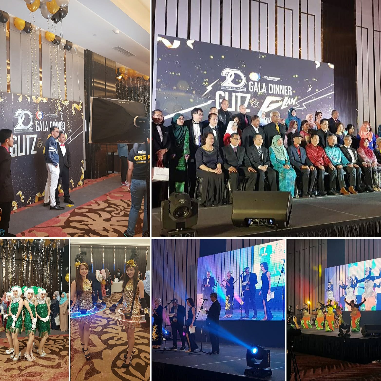 Anniversary gala dinner with dancers and stage lighting