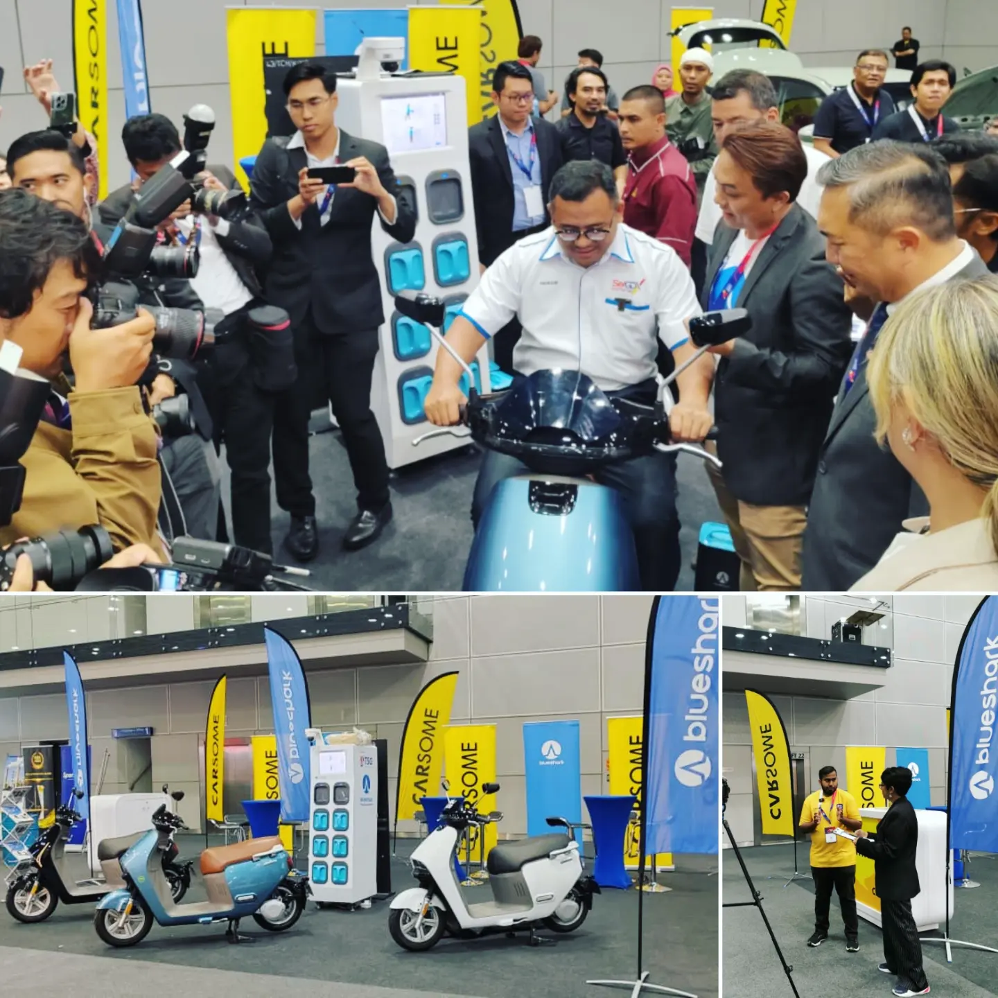 Product launch showcase with electric scooters and press coverage