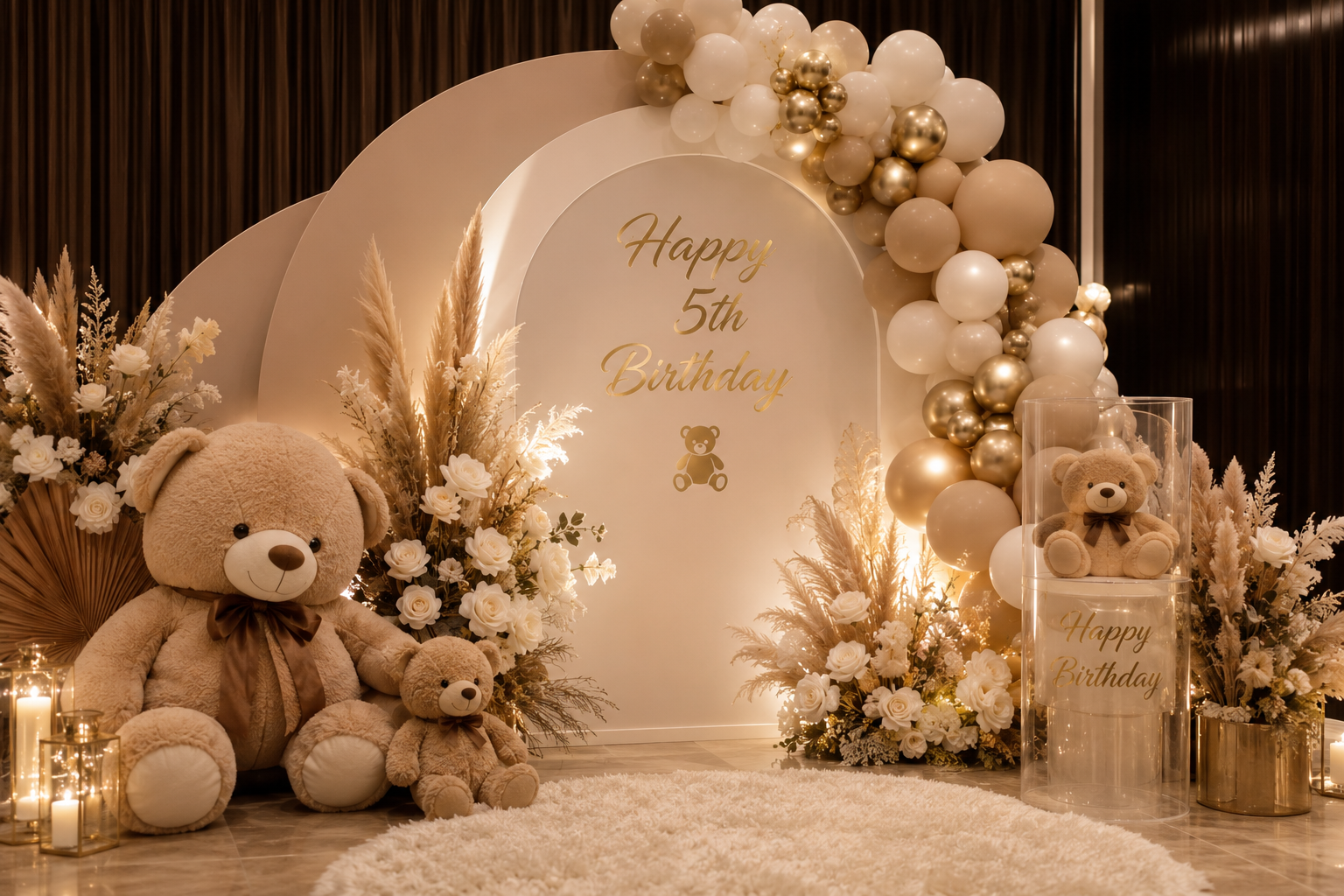 Teddy bear birthday backdrop with gold and cream balloon garland