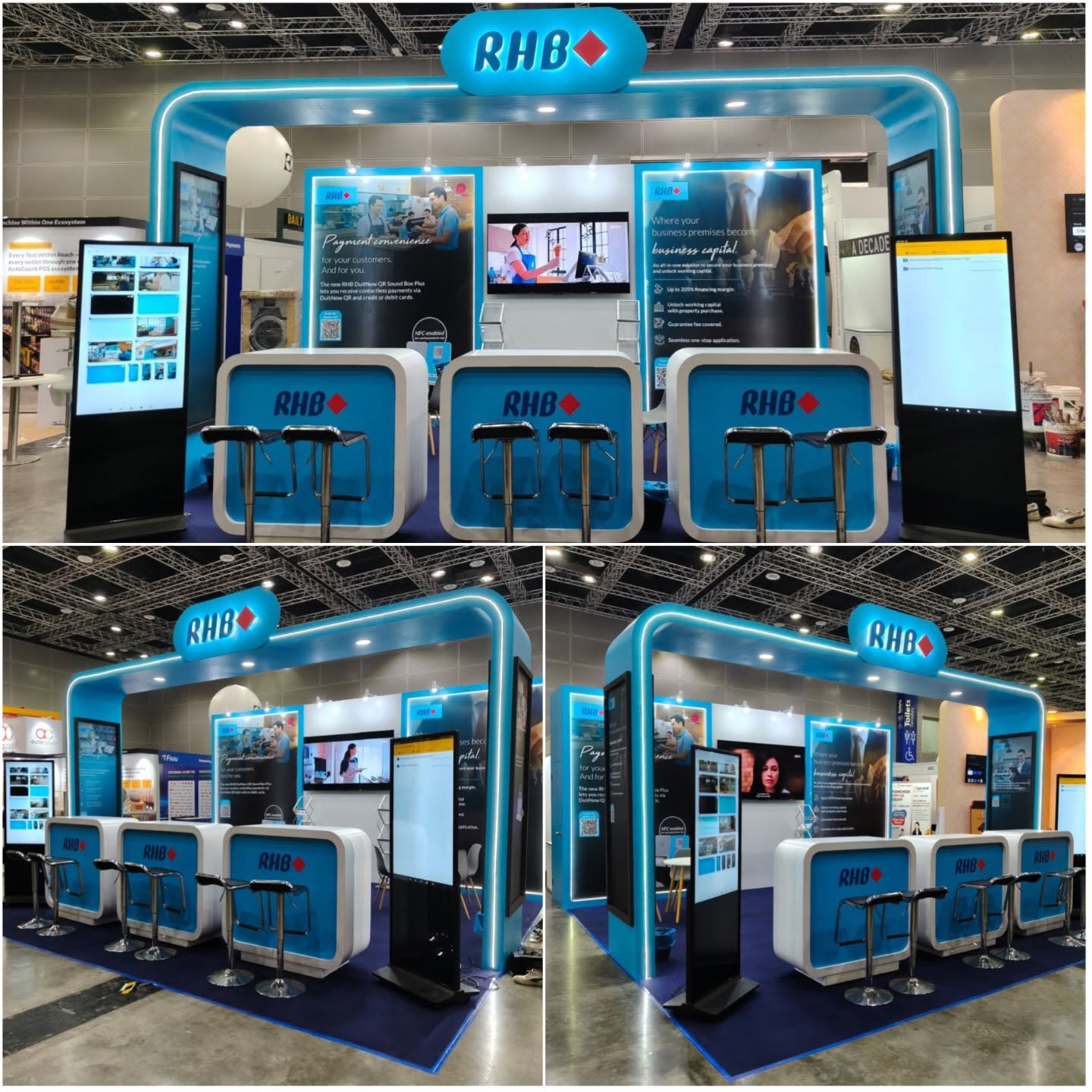 RHB exhibition booth with illuminated arch and service counters
